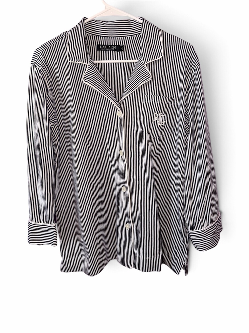 Ralph Lauren Black & White Pinstripe Pajama Button-Up Top